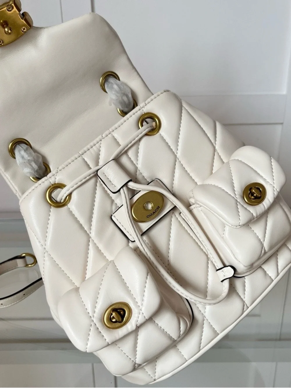 Coach Cream Quilted Leather Backpack with Gold C-Clasp
